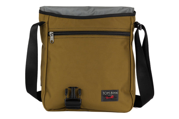 Medium Cafe Bag in Coyote (sand brown) Ballistic with a Mountain Grey 210 Cerylon interior.